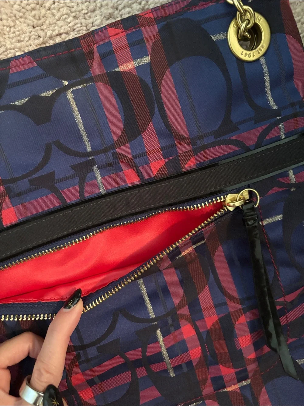Coach Poppy Tartan Navy and Pink Plaid Signature Chain Slim Tote